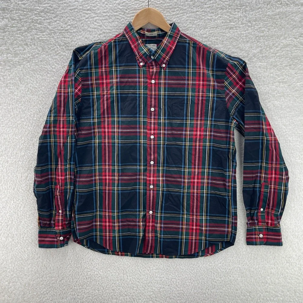 J Crew Shirt Mens XL Blue Red Slim OCBD Pinpoint Oxford Tartan Preppy Luxury